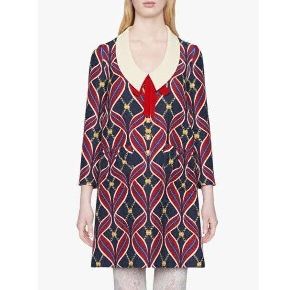 NWT. $3500 GUCCI Printed Dress Size IT40. Dark blue red - Picture 3 of 16